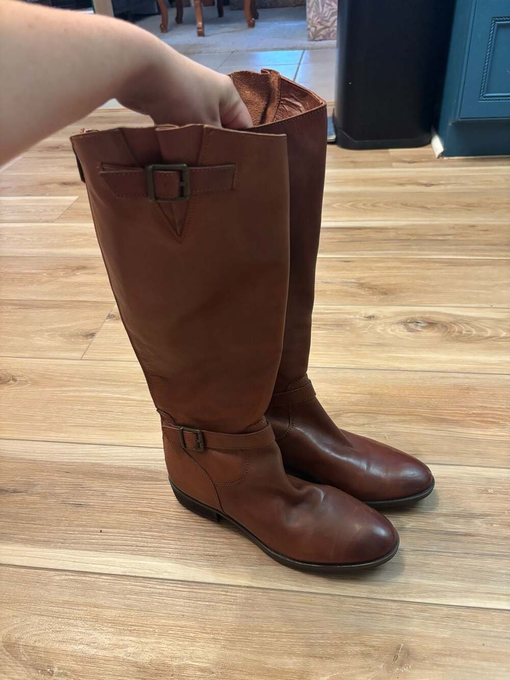 Sam Edelman Women's Cognac Leather Knee-High Riding Boots with Buckle Detail
